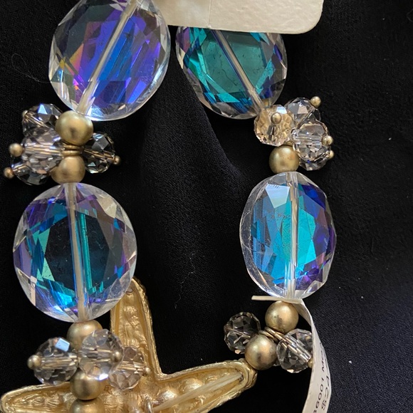 Bracelet-stretch.NIB.goldtone with rhinestone starfish, big & small crystals - Picture 7 of 8